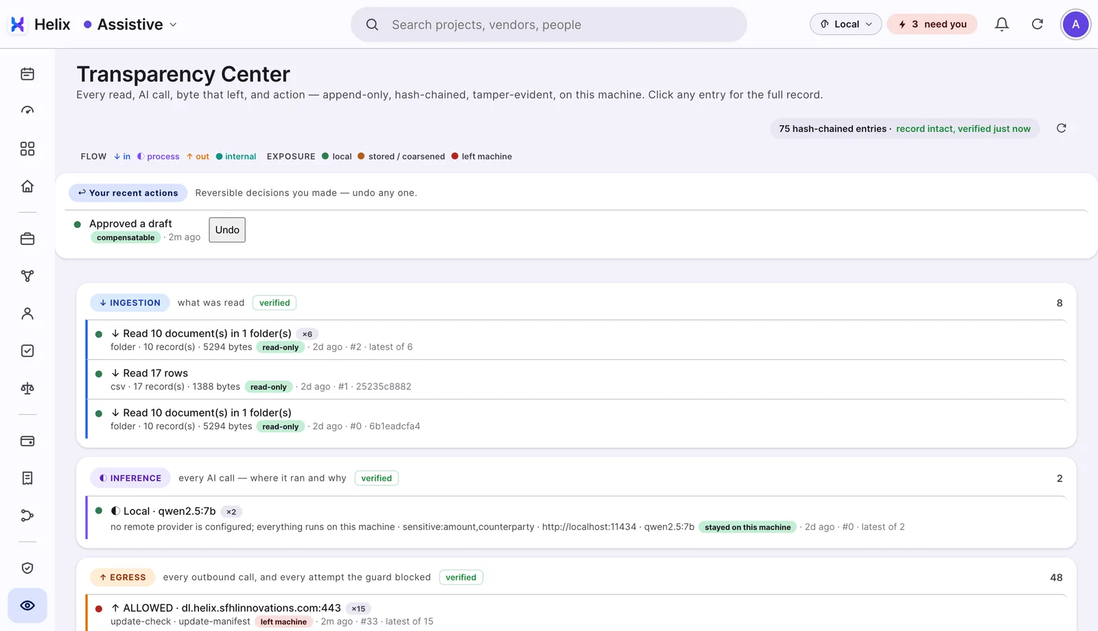 The Helix Transparency Center: what was read, AI calls that stayed on the machine, and outbound calls